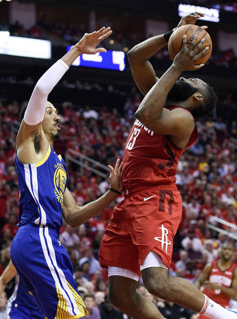 Houston Rockets' Clint Capela, top, dunks over Golden State Warriors' Kevin  Durant (35) during the second half in Game 2 of a second-round NBA  basketball playoff series in Oakland, Calif., Tuesday, April